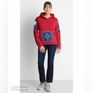 Upcycled Molly Made It burnt orange hooded sweatshirt with quilt applique